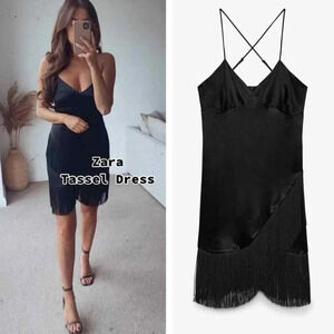 Zara  Fringed Slip Mini Dress Black Size XS